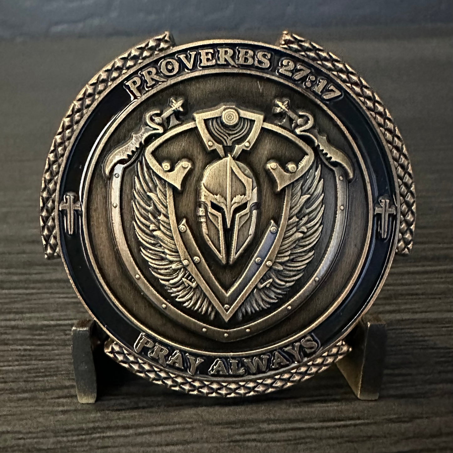 Proverbs 27:17 Iron Sharpens Iron Challenge Coin - Battle Shield 2.0 inch