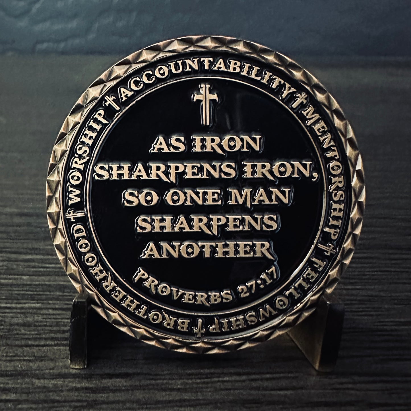 Proverbs 27:17 Iron Sharpens Iron Challenge Coin - Warrior Shield 2.0 inch