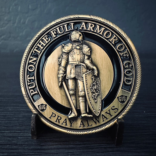Ephesians 6:10-20 Armor of God Challenge Coin - Antique Gold 2.25 inch
