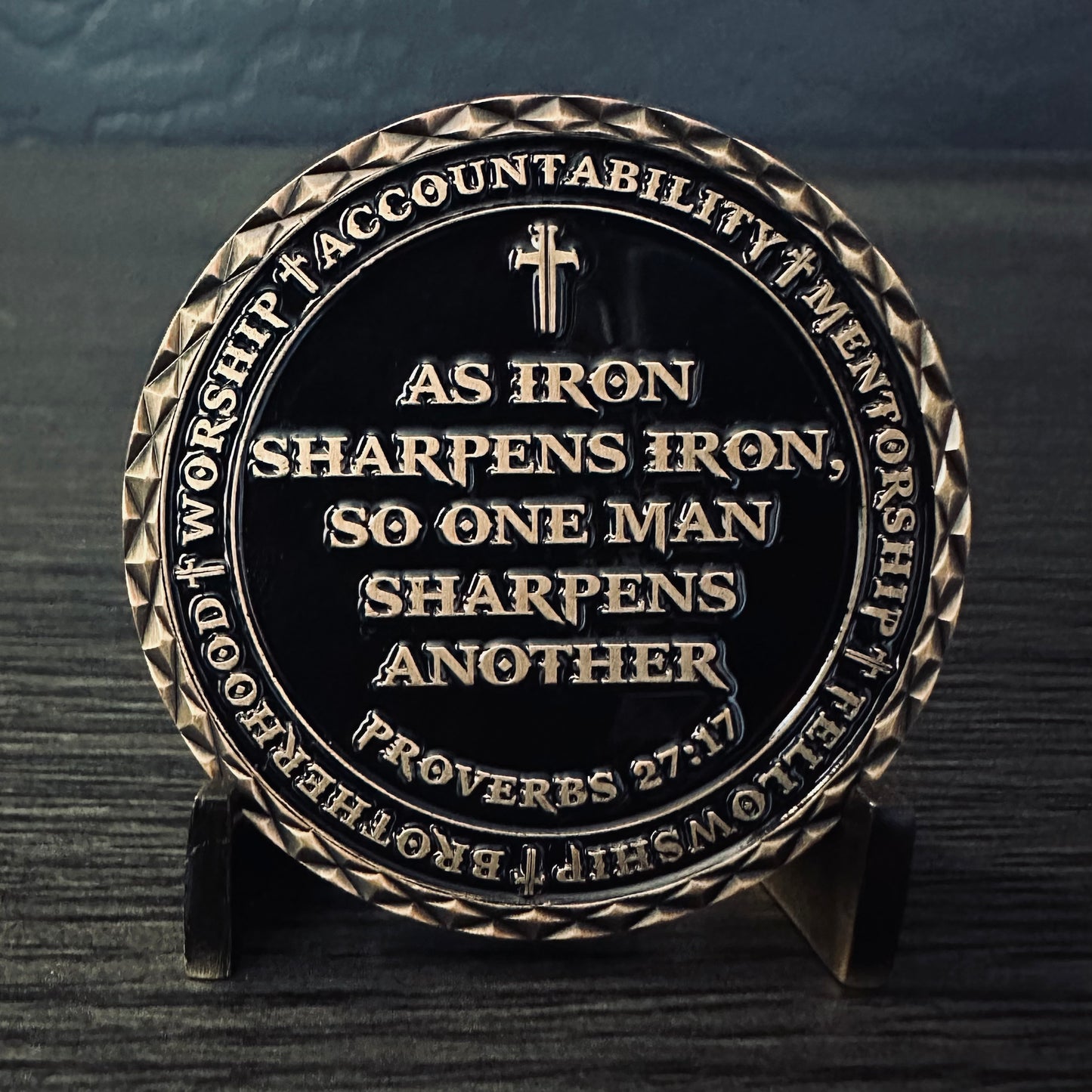 Proverbs 27:17 Iron Sharpens Iron Challenge Coin - Warrior Shield
