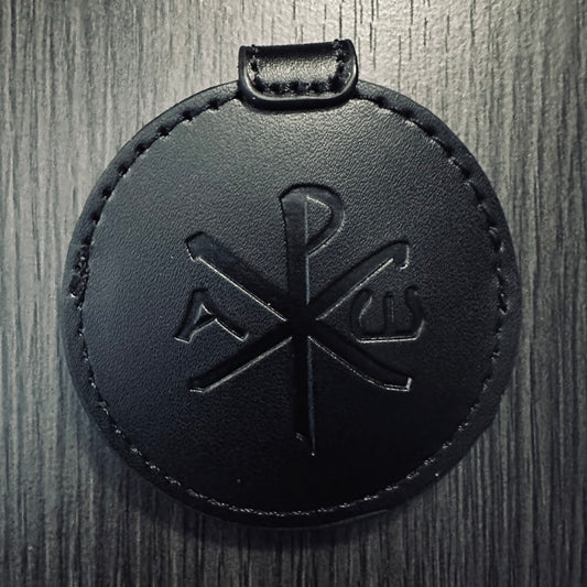 Black Leather Chi Rho Coin Sleeve with Button Closure
